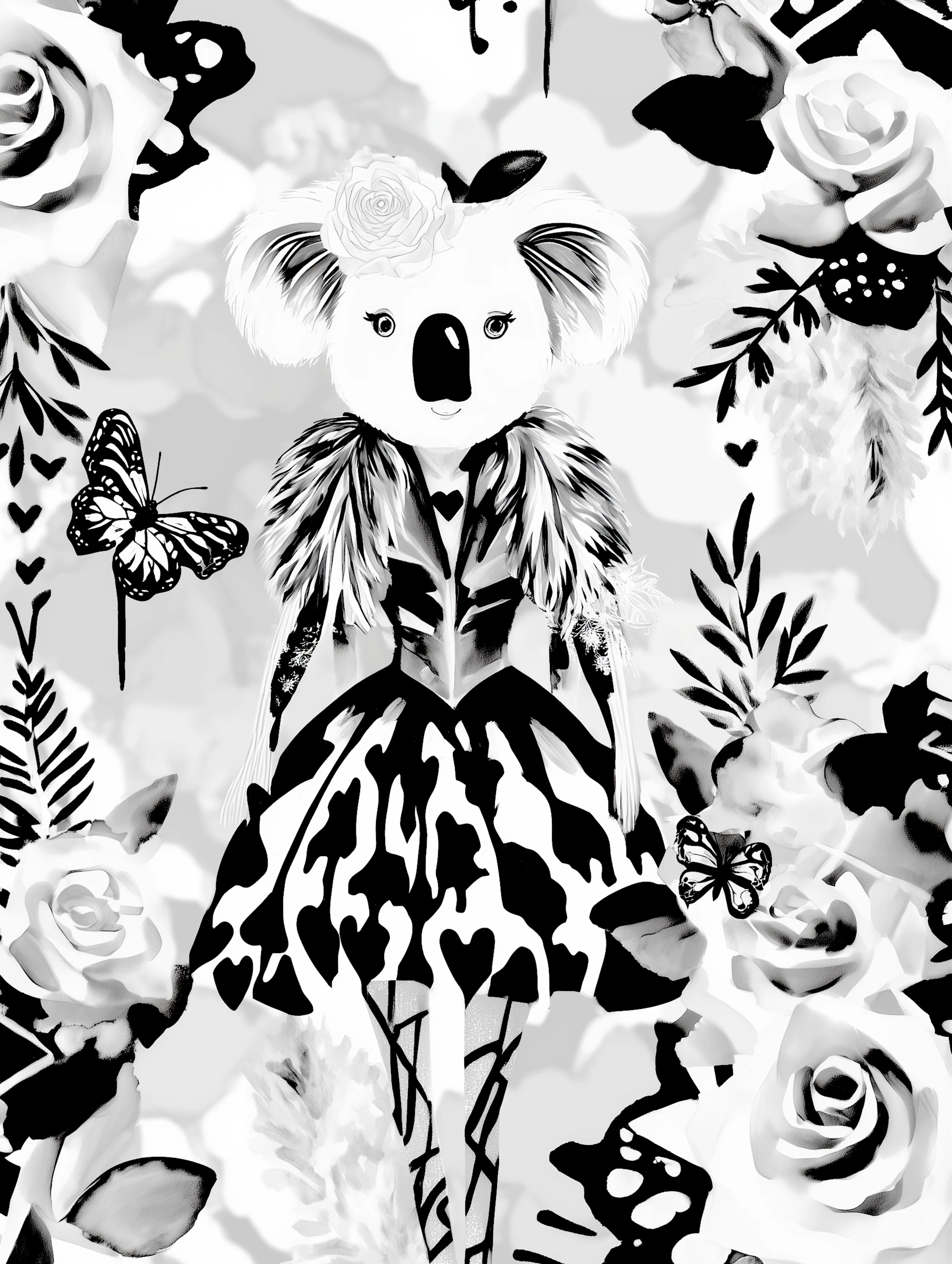 Free printable koala coloring page for adults featuring koala in a dress coloring page